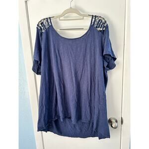 Torrid Blouse Size 4X Navy Blue Lace Knit Shoulders Boho Cottage Core Festival